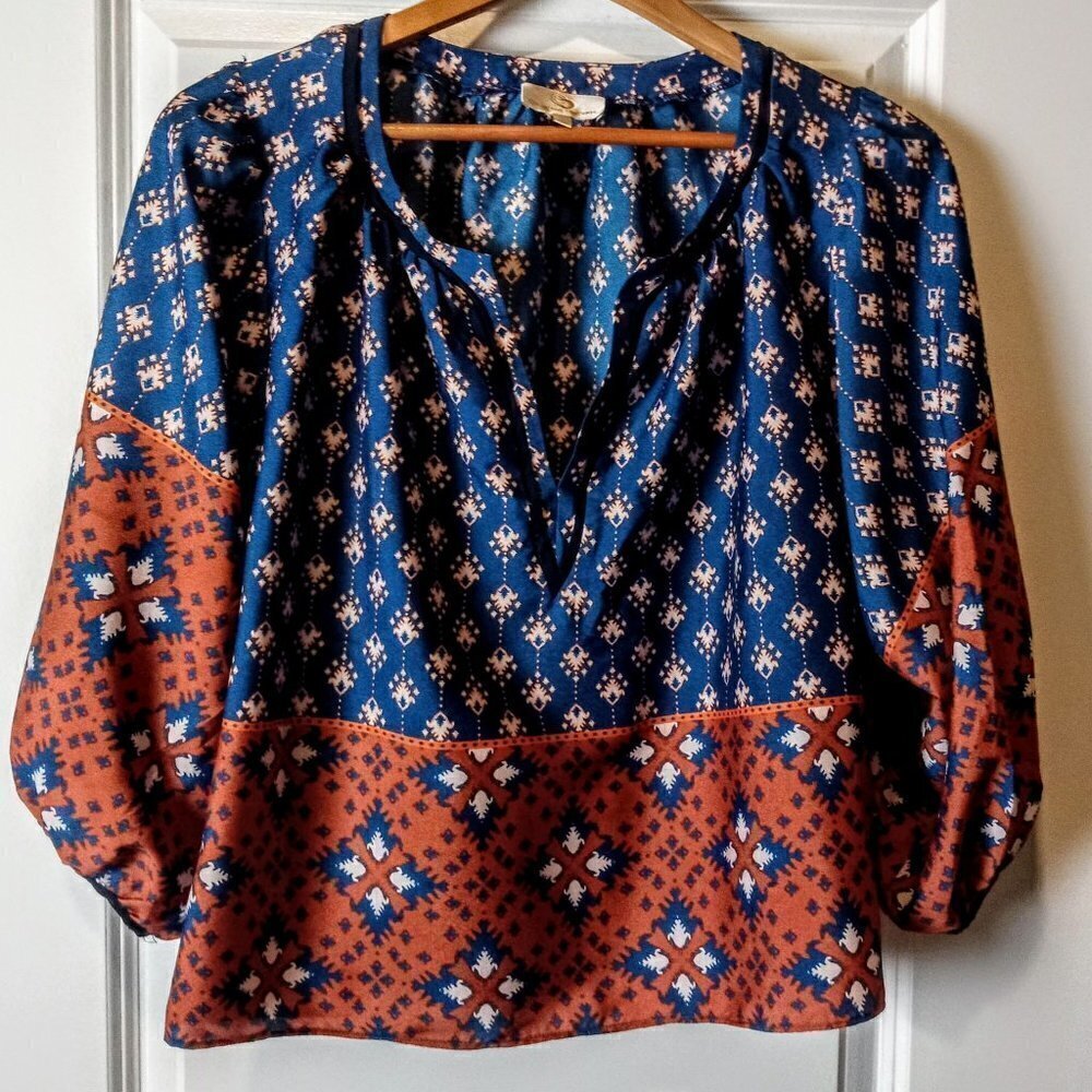 Collective Concepts Blue Burnt Orange Boho Peasant Top